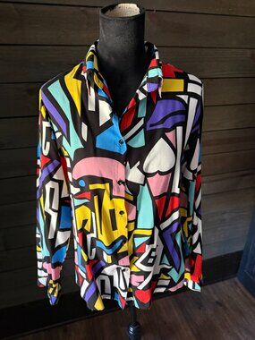 Big Dart Bold Artsy Colorful Print Long Sleeve Button Blouse Size EU 42